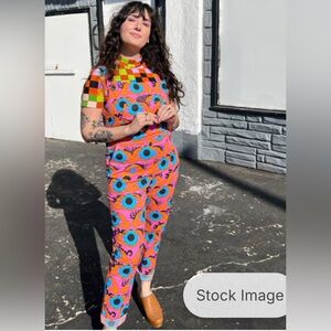 Nooworks Psychedelic Eyes Print Overalls Orange & Pink And Blue Size Medium